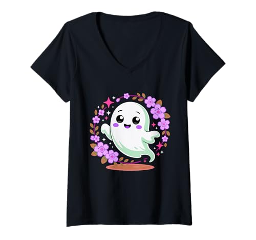 Damen Blumengeister Kawaii Halloween gruselig süße Grafik T-Shirt mit V-Ausschnitt Damen Blumengeister Kawaii Halloween gruselig süße Grafik T-Shirt mit V-Ausschnitt von Kawaii Haunting Charm Collection