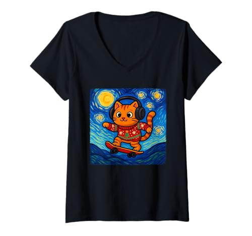 Damen Lustiges Weihnachts-Skateboard mit niedlicher Katze, Van Gogh Sternennacht T-Shirt mit V-Ausschnitt Damen Lustiges Weihnachts-Skateboard mit niedlicher Katze, Van Gogh Sternennacht T-Shirt mit V-Ausschnitt von Kawaii Holiday Xmas Cozy Apparel Music Cat Lover