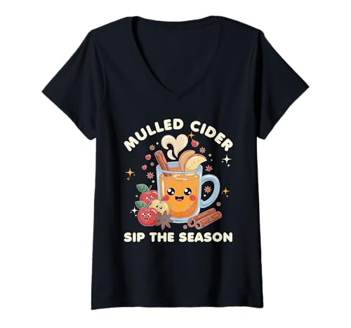Damen Hot Mulled Cider Sip The Season Apple Fall Harvest Orchard T-Shirt mit V-Ausschnitt Damen Hot Mulled Cider Sip The Season Apple Fall Harvest Orchard T-Shirt mit V-Ausschnitt von Kawaii Hot Mulled Cider Day