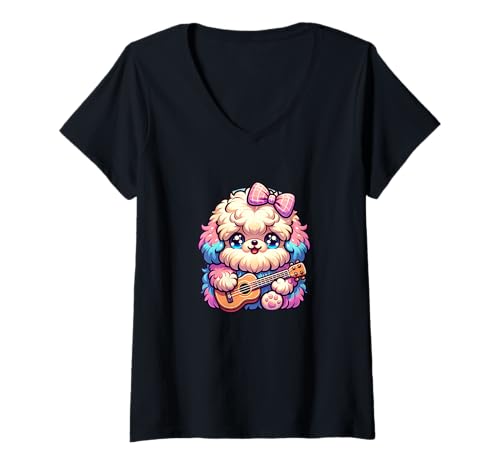 Damen Süßer Kawaii Welpe Mit Ukulele Und Schleife Pastell T-Shirt mit V-Ausschnitt Damen Süßer Kawaii Welpe Mit Ukulele Und Schleife Pastell T-Shirt mit V-Ausschnitt von Kawaii Hund Welpe Ukulele Musik Schleife