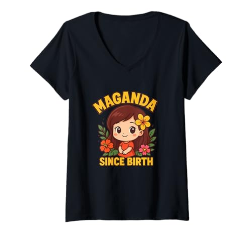 Damen Maganda Since Birth Kawaii Filipina Chibi Bekleidung T-Shirt mit V-Ausschnitt Damen Maganda Since Birth Kawaii Filipina Chibi Bekleidung T-Shirt mit V-Ausschnitt von Kawaii Island Chibi Roots