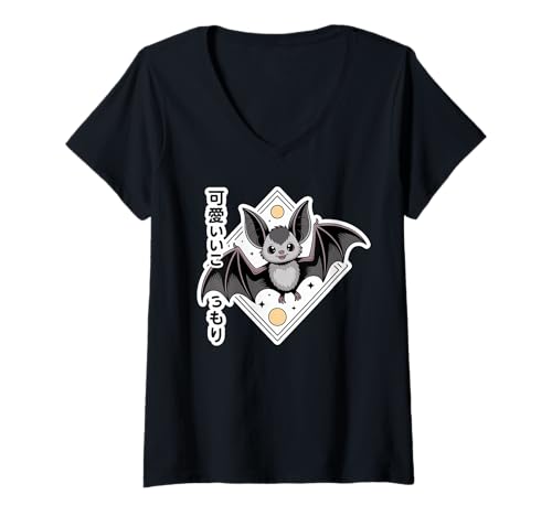 Damen Chibi Fledermaus mit japanischem Text – Pastell-Gothic-Halloween-Vibes T-Shirt mit V-Ausschnitt von Kawaii Japanese Bat - Chibi Yokai Spooky Aesthetic