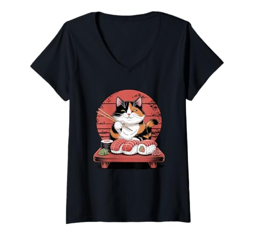 Damen Katze Sushi Japanisch Kawaii Sushi Katzenliebhaber T-Shirt mit V-Ausschnitt Damen Katze Sushi Japanisch Kawaii Sushi Katzenliebhaber T-Shirt mit V-Ausschnitt von Kawaii Japanese Cat Sushi Store