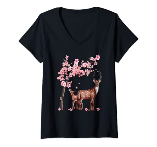 Damen Japanischer Hirsch Kirschblüte Blume Sakura Baum Vintage T-Shirt mit V-Ausschnitt von Kawaii Japanese Cherry Blossom Women Men Clothing