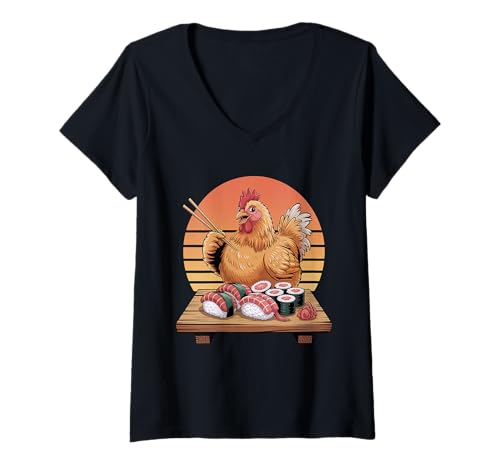 Damen Huhn Sushi Japanisch Kawaii Sushi Huhn Bauernhof Tier T-Shirt mit V-Ausschnitt Damen Huhn Sushi Japanisch Kawaii Sushi Huhn Bauernhof Tier T-Shirt mit V-Ausschnitt von Kawaii Japanese Chicken Sushi Store