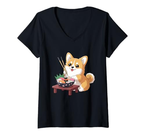 Damen Corgi Dog Sushi Japanisches Kawaii Sushi Hundewelpenliebhaber T-Shirt mit V-Ausschnitt Damen Corgi Dog Sushi Japanisches Kawaii Sushi Hundewelpenliebhaber T-Shirt mit V-Ausschnitt von Kawaii Japanese Dog Sushi Store