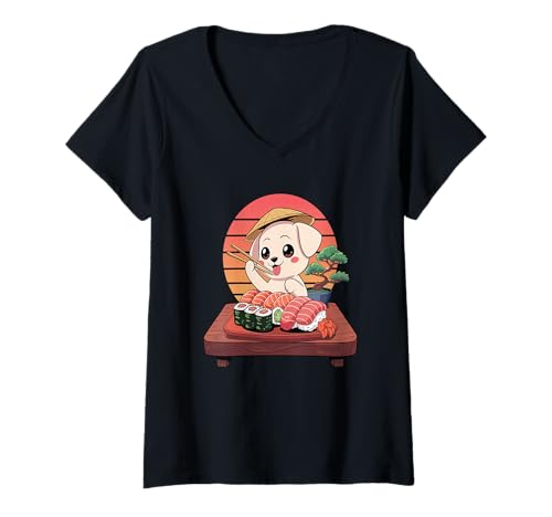 Damen Hundesushi Japanisches Kawaii Sushi Hundewelpenliebhaber T-Shirt mit V-Ausschnitt Damen Hundesushi Japanisches Kawaii Sushi Hundewelpenliebhaber T-Shirt mit V-Ausschnitt von Kawaii Japanese Dog Sushi Store