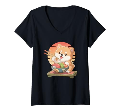 Damen Shiba Inu Dog Sushi Japanisches Kawaii Sushi Hundewelpenliebhaber T-Shirt mit V-Ausschnitt Damen Shiba Inu Dog Sushi Japanisches Kawaii Sushi Hundewelpenliebhaber T-Shirt mit V-Ausschnitt von Kawaii Japanese Dog Sushi Store