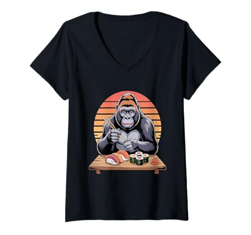 Damen Gorilla Sushi Japanisch Kawaii Sushi Schimpanse Wild Zoo Tier T-Shirt mit V-Ausschnitt Damen Gorilla Sushi Japanisch Kawaii Sushi Schimpanse Wild Zoo Tier T-Shirt mit V-Ausschnitt von Kawaii Japanese Gorilla Sushi Store