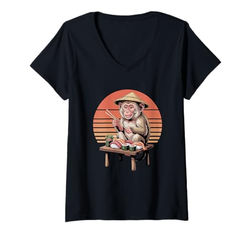 Damen AFFE Sushi Japanisch Kawaii Sushi Schimpanse Wild Zoo Tier T-Shirt mit V-Ausschnitt Damen AFFE Sushi Japanisch Kawaii Sushi Schimpanse Wild Zoo Tier T-Shirt mit V-Ausschnitt von Kawaii Japanese Monkey Sushi Store