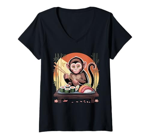 Damen AFFE Sushi Japanisch Kawaii Sushi Schimpanse Wild Zoo Tier T-Shirt mit V-Ausschnitt Damen AFFE Sushi Japanisch Kawaii Sushi Schimpanse Wild Zoo Tier T-Shirt mit V-Ausschnitt von Kawaii Japanese Monkey Sushi Store