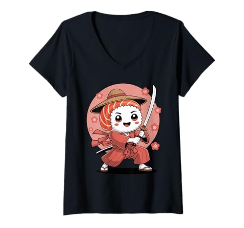 Damen Samurai Sushi Roll Kawaii, lustige, süße japanische Anime-Kunst T-Shirt mit V-Ausschnitt von Kawaii Katana Threads