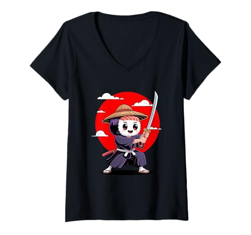 Damen Samurai Sushi Roll Kawaii, lustige, süße japanische Anime-Kunst T-Shirt mit V-Ausschnitt von Kawaii Katana Threads