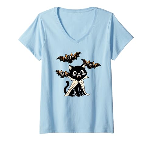 Damen Retro Vampir Katze Fledermäuse niedlich gruselig Halloween T-Shirt mit V-Ausschnitt Damen Retro Vampir Katze Fledermäuse niedlich gruselig Halloween T-Shirt mit V-Ausschnitt von Kawaii Kitten Dracula Trick or Treat Design