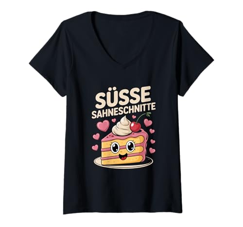 Damen Süsse Sahneschnitte Kawaii Kuchen Mit Kirsche Herzen T-Shirt mit V-Ausschnitt Damen Süsse Sahneschnitte Kawaii Kuchen Mit Kirsche Herzen T-Shirt mit V-Ausschnitt von Kawaii Kuchen Sahneschnitte Dessert Herz Liebe