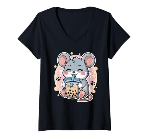 Damen Mouse Boba Tea Bubble Tea Anime Kawaii T-Shirt mit V-Ausschnitt Damen Mouse Boba Tea Bubble Tea Anime Kawaii T-Shirt mit V-Ausschnitt von Kawaii Mouse Bubble Tea Cute Boba Animal Lover