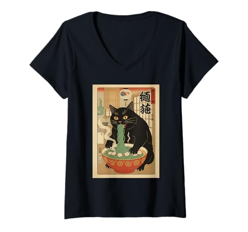 Damen Kawaii Cat Ramen Nudeln Anime Japanische Ästhetik T-Shirt mit V-Ausschnitt Damen Kawaii Cat Ramen Nudeln Anime Japanische Ästhetik T-Shirt mit V-Ausschnitt von Kawaii Neko Collective