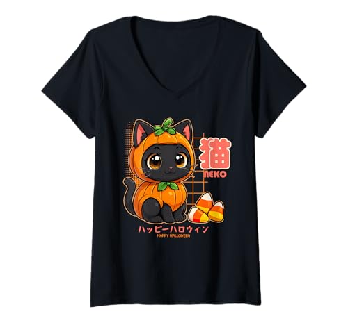 Damen Kawaii Chibi Kürbis Katze Japanische Halloween Vaporwave T-Shirt mit V-Ausschnitt Damen Kawaii Chibi Kürbis Katze Japanische Halloween Vaporwave T-Shirt mit V-Ausschnitt von Kawaii Neko Japanese Vaporwave Aesthetic Design