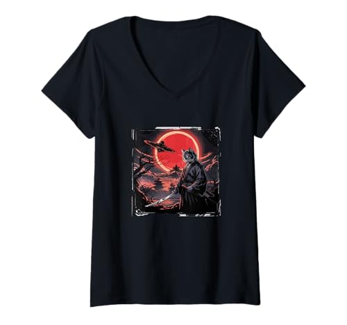 Damen Samurai Ninja Cat Warrior Sumi-e UFO Ukiyo-e Sci Fi Japanisch T-Shirt mit V-Ausschnitt Damen Samurai Ninja Cat Warrior Sumi-e UFO Ukiyo-e Sci Fi Japanisch T-Shirt mit V-Ausschnitt von Kawaii Ninja Cat Japanese Art UFO - DressedForDuty