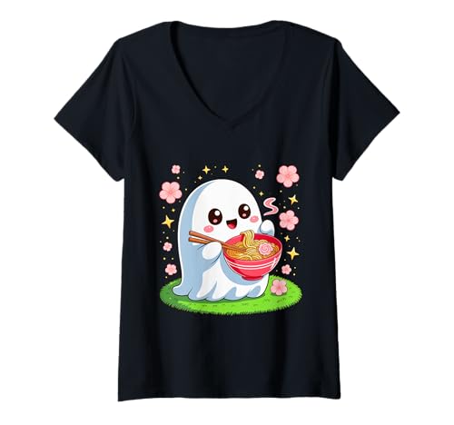 Damen Kawaii Floral Ghost Ramen Eater Halloween Gruseliges Essen T-Shirt mit V-Ausschnitt Damen Kawaii Floral Ghost Ramen Eater Halloween Gruseliges Essen T-Shirt mit V-Ausschnitt von Kawaii Noodle Ghost Collectibles