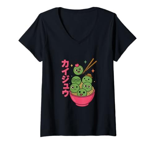Damen Kawaii Monster Udon Nudelschale Lustig Niedlich Japan Kunst T-Shirt mit V-Ausschnitt Damen Kawaii Monster Udon Nudelschale Lustig Niedlich Japan Kunst T-Shirt mit V-Ausschnitt von Kawaii Noodle Monster Lovers Anime Japan Food Art