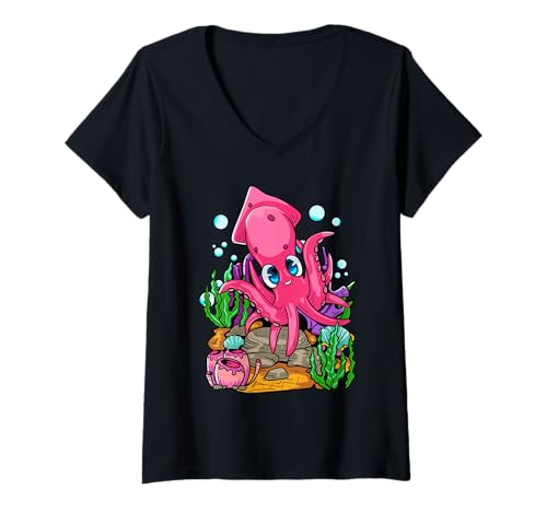 Damen Niedlicher Cartoon-Tintenfisch, Kawaii, Ozean, Tier, Meeresbewohner T-Shirt mit V-Ausschnitt Damen Niedlicher Cartoon-Tintenfisch, Kawaii, Ozean, Tier, Meeresbewohner T-Shirt mit V-Ausschnitt von Kawaii Ocean Life