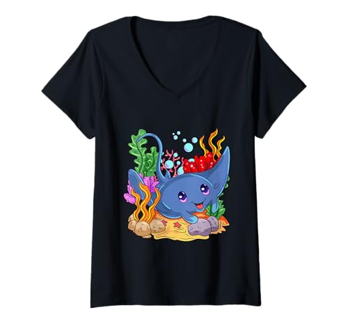 Damen Niedliches Cartoon-Rochen Kawaii Ozean Tier Meer Meeresleben T-Shirt mit V-Ausschnitt Damen Niedliches Cartoon-Rochen Kawaii Ozean Tier Meer Meeresleben T-Shirt mit V-Ausschnitt von Kawaii Ocean Life
