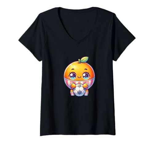 Damen Süße Orange Mit Fußball Kawaii Cartoon Maskottchen T-Shirt mit V-Ausschnitt Damen Süße Orange Mit Fußball Kawaii Cartoon Maskottchen T-Shirt mit V-Ausschnitt von Kawaii Orange Fußball Niedlich Obst Fußballfan