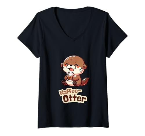Damen Kaffee Otter Motiv süßer Otter für Kaffee Fans Genießer T-Shirt mit V-Ausschnitt Damen Kaffee Otter Motiv süßer Otter für Kaffee Fans Genießer T-Shirt mit V-Ausschnitt von Kawaii Otter süße Tier Illustration Hobby Sammlung
