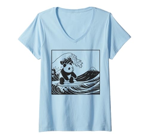 Damen Panda Surfen Japanisch Welle Große Welle T-Shirt mit V-Ausschnitt von Kawaii Panda Anime Surfer