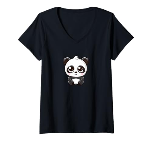 Damen Niedlicher Chibi Panda Kawaii Cartoon Charakter T-Shirt mit V-Ausschnitt von Kawaii Panda Love Cute Comic Chibi Design