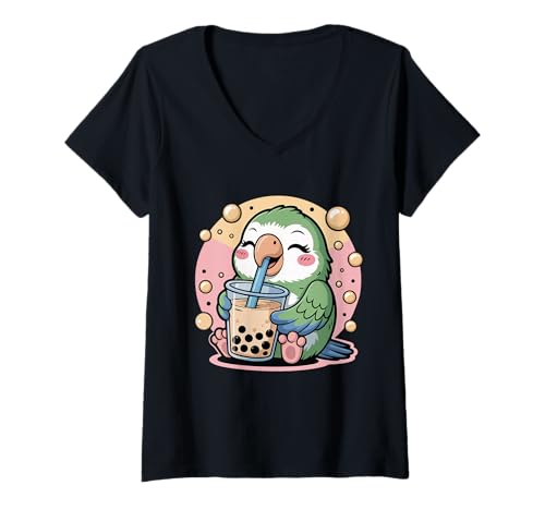 Damen Parrot Boba Tea Bubble Tea Anime Kawaii T-Shirt mit V-Ausschnitt Damen Parrot Boba Tea Bubble Tea Anime Kawaii T-Shirt mit V-Ausschnitt von Kawaii Parrot Boba Tea Cute Bubble Bird