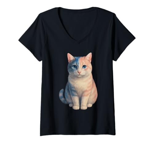Damen Kawaii Pastel Cat Kitten T-Shirt mit V-Ausschnitt von Kawaii Pastel Cat Lover Apparel