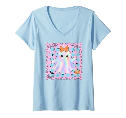 Damen Kawaii Pastell Geist Halloween Gruselige Jahreszeit Kokette Schleife T-Shirt mit V-Ausschnitt Damen Kawaii Pastell Geist Halloween Gruselige Jahreszeit Kokette Schleife T-Shirt mit V-Ausschnitt von Kawaii Pastel Ghosts & Spooky Creatures