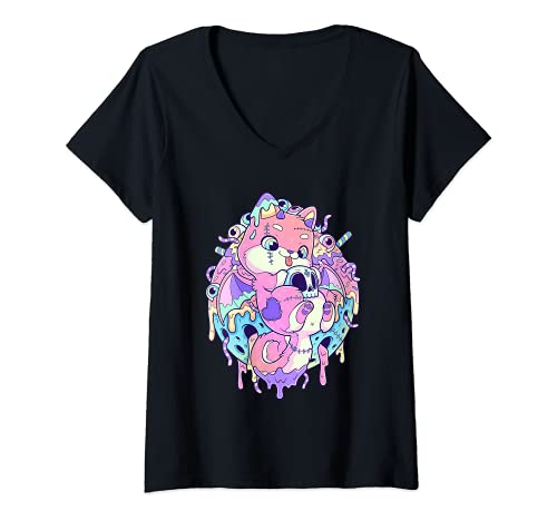 Damen Kawaii Pastell Gothic Niedlich und unheimlich Fledermaus T-Shirt mit V-Ausschnitt von Kawaii Pastel Goth Anime Apparel Co.