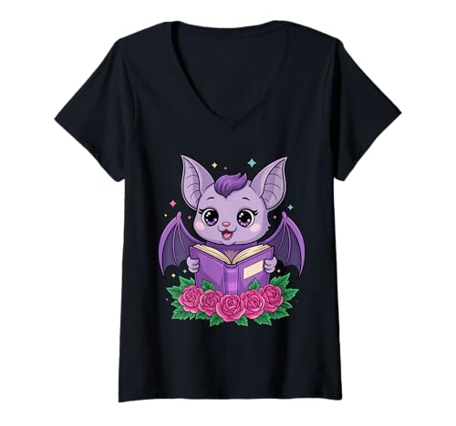 Damen Cute Pastel Goth Bat Reading Book T-Shirt mit V-Ausschnitt Damen Cute Pastel Goth Bat Reading Book T-Shirt mit V-Ausschnitt von Kawaii Pastel Goth Bat Reader