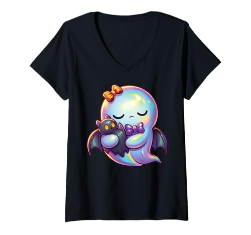 Damen Kawaii-Geist-Kokett-Schleife Pastell-Goth-Süß Anime Mädchen T-Shirt mit V-Ausschnitt von Kawaii Pastel Goth Cute Ghost Coquette Girl Anime