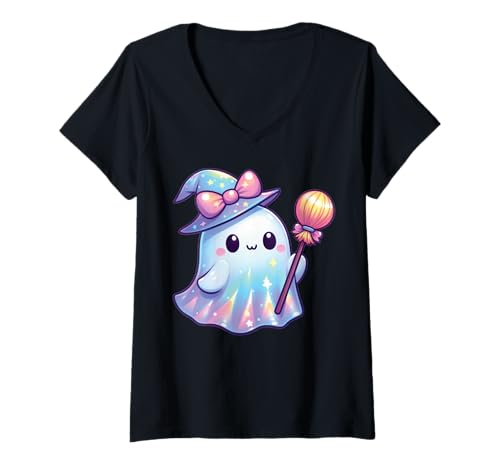 Damen Kawaii-Geist-Kokett-Schleife Pastell-Goth-Süß Anime Mädchen T-Shirt mit V-Ausschnitt von Kawaii Pastel Goth Cute Ghost Coquette Girl Anime