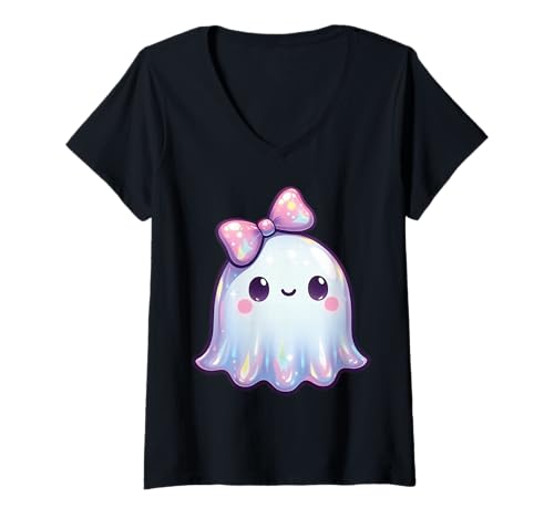 Damen Kawaii-Geist-Kokett-Schleife Pastell-Goth-Süß Anime Mädchen T-Shirt mit V-Ausschnitt von Kawaii Pastel Goth Cute Ghost Coquette Girl Anime