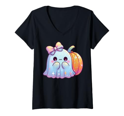 Damen Kawaii-Geist-Kokett-Schleife Pastell-Goth-Süß Anime Mädchen T-Shirt mit V-Ausschnitt von Kawaii Pastel Goth Cute Ghost Coquette Girl Anime