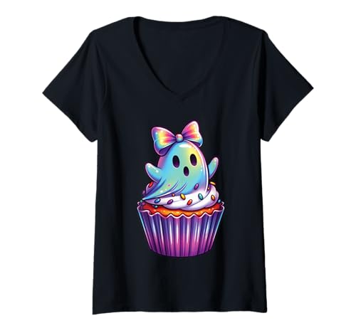 Damen Kawaii-Geist-Kokett-Schleife Pastell-Goth-Süß Anime Mädchen T-Shirt mit V-Ausschnitt von Kawaii Pastel Goth Cute Ghost Coquette Girl Anime