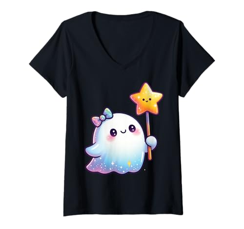 Damen Kawaii-Geist-Kokett-Schleife Pastell-Goth-Süß Anime Mädchen T-Shirt mit V-Ausschnitt von Kawaii Pastel Goth Cute Ghost Coquette Girl Anime
