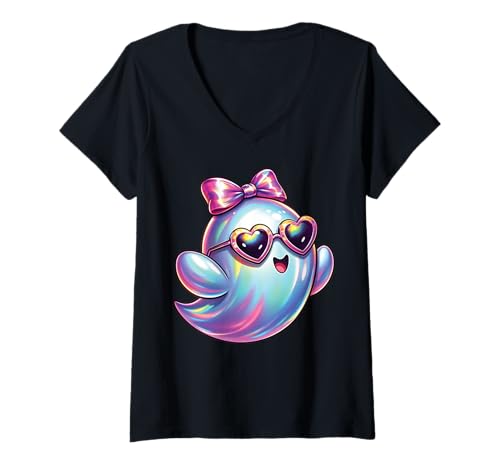 Damen Kawaii-Geist-Kokett-Schleife Pastell-Goth-Süß Anime Mädchen T-Shirt mit V-Ausschnitt von Kawaii Pastel Goth Cute Ghost Coquette Girl Anime