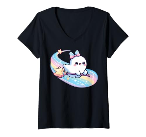 Damen Kawaii-Geist-Kokett-Schleife Pastell-Goth-Süß Anime Mädchen T-Shirt mit V-Ausschnitt von Kawaii Pastel Goth Cute Ghost Coquette Girl Anime