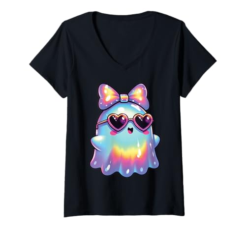Damen Kawaii-Geist-Kokett-Schleife Pastell-Goth-Süß Anime Mädchen T-Shirt mit V-Ausschnitt von Kawaii Pastel Goth Cute Ghost Coquette Girl Anime