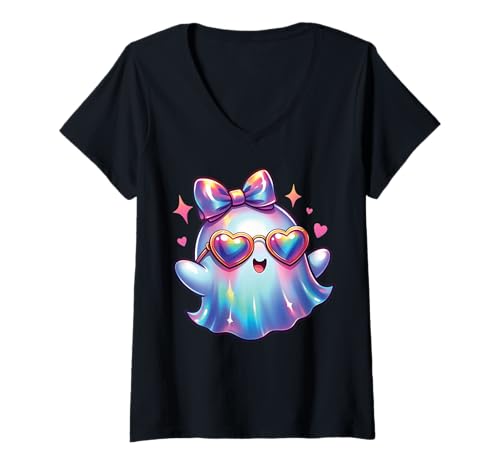 Damen Kawaii-Geist-Kokett-Schleife Pastell-Goth-Süß Anime Mädchen T-Shirt mit V-Ausschnitt von Kawaii Pastel Goth Cute Ghost Coquette Girl Anime