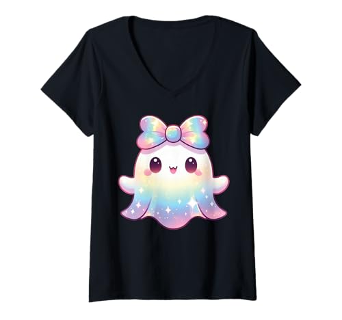 Damen Kawaii-Geist-Kokett-Schleife Pastell-Goth-Süß Anime Mädchen T-Shirt mit V-Ausschnitt von Kawaii Pastel Goth Cute Ghost Coquette Girl Anime