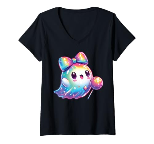 Damen Kawaii-Geist-Kokett-Schleife Pastell-Goth-Süß Anime Mädchen T-Shirt mit V-Ausschnitt von Kawaii Pastel Goth Cute Ghost Coquette Girl Anime
