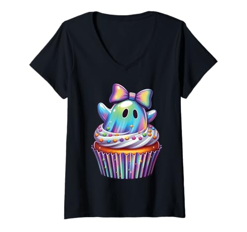 Damen Kawaii-Geist-Kokett-Schleife Pastell-Goth-Süß Anime Mädchen T-Shirt mit V-Ausschnitt von Kawaii Pastel Goth Cute Ghost Coquette Girl Anime