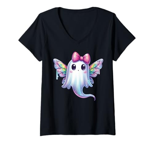 Damen Kawaii-Geist-Kokett-Schleife Pastell-Goth-Süß Fee Mädchen T-Shirt mit V-Ausschnitt von Kawaii Pastel Goth Cute Ghost Coquette Girl Anime